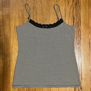 Ann Taylor LOFT Black and Cream Striped Camisole with Lace Trim